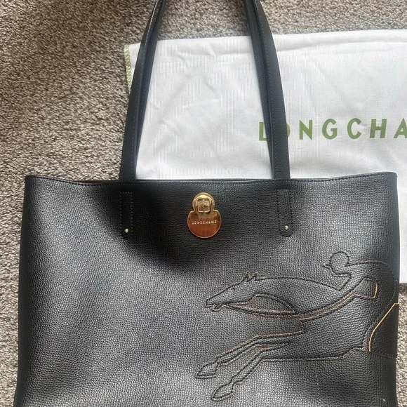 Longchamp Cavalcade Black Leather Tote with Embossed Horse - Picture 2 of 5